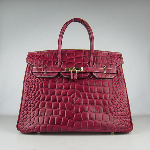 High Quality Fake Hermes Birkin 35CM Crocodile Veins Leather Bag Wine 6089